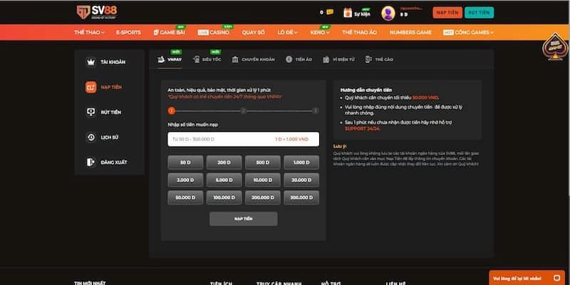 Cách nạp tiền vào SV88