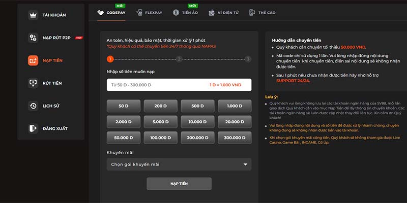 Thực hiện nạp tiền SV88 sử dụng codepay ngân hàng